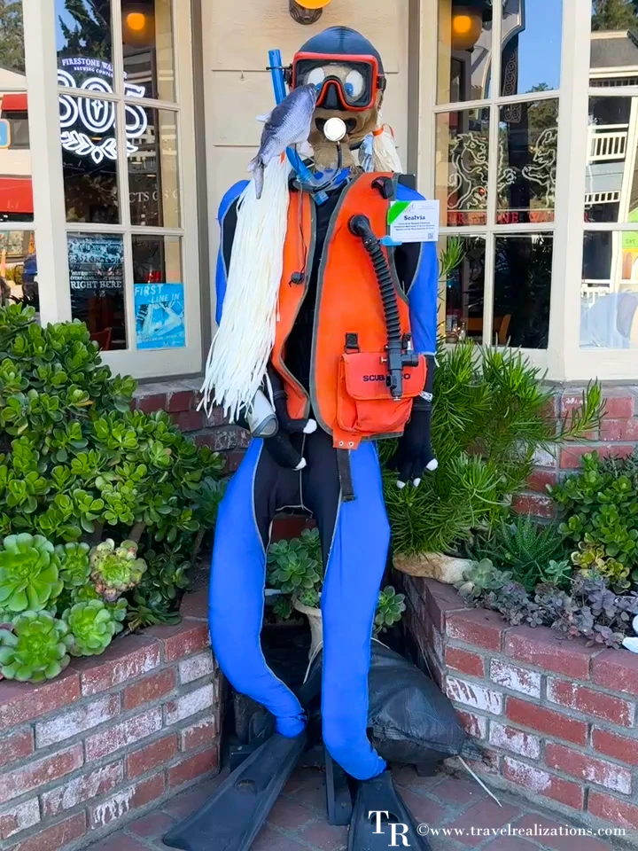 Scuba diver scarecrow in a wetsuit, mask and orange vest outside a shop in Cambria