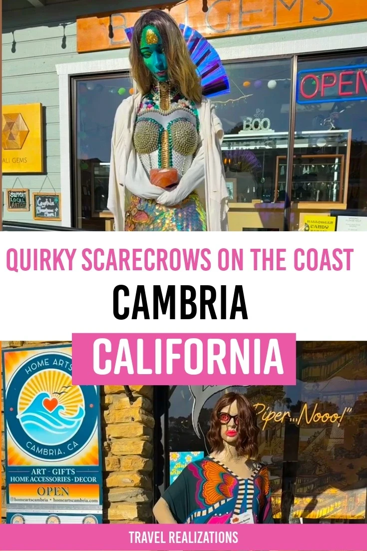 Quirky scarecrows on the coast in Cambria, California, Pinterest pin
