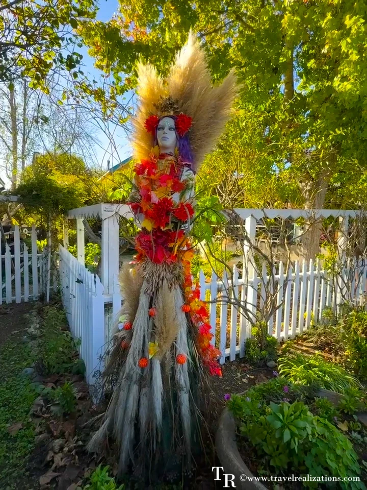 Harvest scarecrow made of dried grasses and autumn leaves beside a white picket fence in Cambria