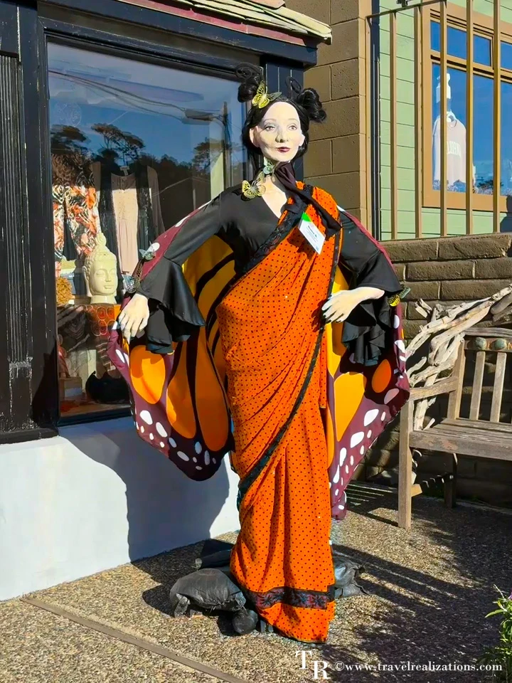 Scarecrow wearing an orange sari with butterfly wings in Cambria