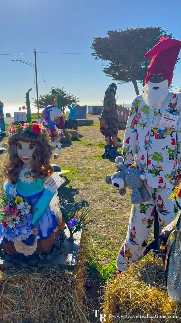Gnome and fairy scarecrows at the San Simeon scarecrow display along Highway 1